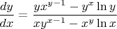 $\dfrac{dy}{dx}=\dfrac{yx^{y-1}-y^x\ln y}{xy^{x-1}-x^{y}\ln x}$