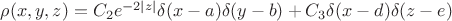 $\rho (x,y,z) = C_2 e^{-2|z|} \delta(x-a)\delta(y-b) + C_3 \delta(x-d) \delta(z-e)$
