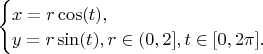 $\begin{equation*}\begin{cases}x=r \cos (t), \\ y=r \sin (t), r \in (0, 2], t\in [0, 2\pi ]. \end{cases} \end{equation*}$