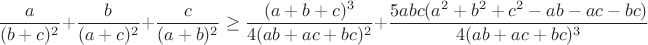 $$\frac{a}{(b+c)^2}+\frac{b}{(a+c)^2}+\frac{c}{(a+b)^2}\geq\frac{(a+b+c)^3}{4(ab+ac+bc)^2}+\frac{5abc(a^2+b^2+c^2-ab-ac-bc)}{4(ab+ac+bc)^3}$$