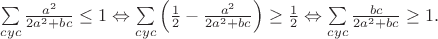 $\sum\limits_{cyc}\frac{a^2}{2a^2+bc}\leq1\Leftrightarrow\sum\limits_{cyc}\left(\frac{1}{2}-\frac{a^2}{2a^2+bc}\right)\geq\frac{1}{2}\Leftrightarrow\sum\limits_{cyc}\frac{bc}{2a^2+bc}\geq1.$