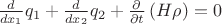 $\frac{d}{d x_{1}} q_{1} + \frac{d}{d x_{2}} q_{2} + \frac{\partial}{\partial t}\left(H \rho\right)=0$