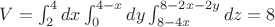 $V=\int_2^4dx\int_0^{4-x}dy\int_{8-4x}^{8-2x-2y}dz=8$