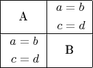 \begin{tabular}{|c|c|} \hline 
A & \begin{aligned} a &= b \\ c &= d \end{aligned} \\\hline 
\begin{aligned} a &= b \\ c &= d \end{aligned} & B \\\hline 
\end{tabular}