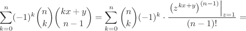 $$\sum\limits_{k=0}^n (-1)^k\binom{n}{k}\binom{kx+y}{n-1}=\sum\limits_{k=0}^n \binom{n}{k}(-1)^k\cdot\dfrac{\left.\left(z^{kx+y}\right)^{(n-1)}\right|_{z=1}}{(n-1)!}=$$