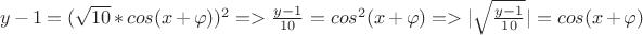 $y-1 = (\sqrt{10}*cos(x+\varphi))^2 => \frac{y-1}{10} = cos^2(x+\varphi) => |\sqrt{\frac{y-1}{10}}| =  cos(x+\varphi)$