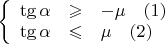 $\left\{
\begin{array}{rcl}
\tg\alpha&\geqslant&- \mu \quad(1) \\
\tg\alpha &\leqslant& \mu \quad(2)\\
\end{array}
\right.$
