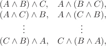 $$\begin{array}{cc} (A\wedge B)\wedge C, & A\wedge(B\wedge C), \\ (A\wedge C)\wedge B, & A\wedge(C\wedge B), \\ \vdots & \vdots \\ (C\wedge B)\wedge A, & C\wedge(B\wedge A), \end{array}$$