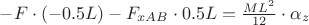 $-F\cdot(-0.5L) - F_{xAB}\cdot 0.5L = \tfrac{ML^2}{12}\cdot \alpha_z