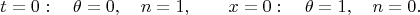 $$
t=0: \quad \theta=0, \quad n=1,\qquad
x=0: \quad \theta=1, \quad n=0.
$$