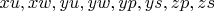$xu, xw, yu, yw, yp, ys, zp, zs$