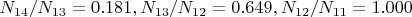 $N_{14}/N_{13}=0.181, N_{13}/N_{12}=0.649, N_{12}/N_{11}=1.000$