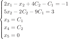 $$\begin{cases}
2x_1-x_2+4C_2-C_1=-1\\
5x_2-2C_2-9C_1=3\\
x_3=C_1\\
x_4=C_2\\
x_5=0\\
\end{cases}$$