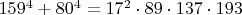 $159^4+80^4=17^2\cdot 89\cdot 137\cdot 193$