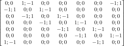 $\begin{bmatrix}0;0 & 1;-1 & 0;0 & 0;0 & 0;0 & 0;0 & -1;1 \\\ -1;1 & 0;0 &1;-1 & 0;0 & 0;0 & 0;0 & 0;0 \\\ 0;0 & -1;1 & 0;0 & 1;-1 & 0;0 & 0;0 & 0;0 \\\ 0;0 & 0;0 & -1;1 & 0;0 & 1;-1 & 0;0 & 0;0 \\\ 0;0 & 0;0 & 0;0 & -1;1 & 0;0 & 1;-1 & 0;0 \\\ 0;0 & 0;0 & 0;0 & 0;0 & -1;1 & 0;0 & 1;-1 \\\ 1;-1 & 0;0 & 0;0 & 0;0 & 0;0 & -1;1 & 0;0\end{bmatrix} $