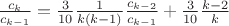 $\frac{c_k}{c_{k-1}}=\frac{3}{10}\frac{1}{k(k-1)}\frac{c_{k-2}}{c_{k-1}}+\frac{3}{10}\frac{k-2}{k}$