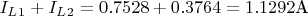 $I_L_1 + I_L_2 = 0.7528 + 0.3764 = 1.1292 \text{А}$