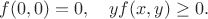 $$f(0,0)=0,\quad yf(x,y)\ge 0.$$