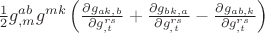 $\frac12g^{ab}_{,m}g^{mk}\left(\frac{\partial g_{ak,b}}{\partial g^{rs}_{,t}}+\frac{\partial g_{bk,a}}{\partial g^{rs}_{,t}}-\frac{\partial g_{ab,k}}{\partial g^{rs}_{,t}}\right)$