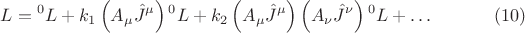 $$ L = {{}^0 L} + k_1 \left (A_{\mu} \hat{J}^{\mu} \right ) {{}^0 L}
+ k_2  \left  ( A_{\mu} \hat{J}^{\mu} \right ) \left (A_{\nu} \hat{J}^{\nu} \right )  {{}^0 L} + \ldots \eqno{(10)}$$