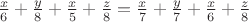 $\frac{x}{6}+\frac{y}{8}+\frac{x}{5}+\frac{z}{8}=\frac{x}{7}+\frac{y}{7}+\frac{x}{6}+\frac{z}{8}$