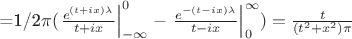 =1/2\pi(\left.{ \frac{e^{(t+ix)\lambda}}{t+ix} }\right|_{ - \infty }^{ 0 }-\left.{ \frac{e^{-(t-ix)\lambda}}{t-ix} }\right|_{ 0 }^{ \infty })=\frac{t}{(t^2+x^2)\pi}