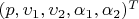 $(p, \upsilon_1, \upsilon_2, \alpha_1, \alpha_2)^T$