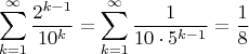 $$\sum_{k=1}^{\infty}\frac{2^{k-1}}{10^k}=\sum_{k=1}^{\infty}\frac 1{10\cdot 5^{k-1}}=\frac 18$$