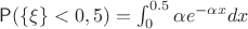 $\mathsf P(\{\xi\}<0,5) = \int^{0.5}_{0} \alpha e^{-\alpha x} dx$