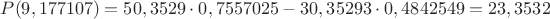 $P(9,177107) = 50,3529 \cdot 0,7557025 - 30,35293 \cdot 0,4842549 = 23,3532$