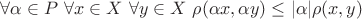 $\forall \alpha \in P$ $\forall x\in X$ $\forall y \in X$ $\rho(\alpha x,\alpha y)\leq |\alpha| \rho(x,y)$