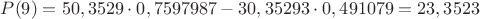 $P(9) = 50,3529 \cdot 0,7597987 - 30,35293 \cdot 0,491079 = 23,3523$