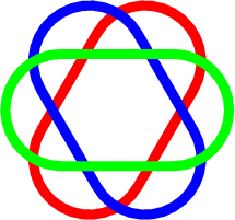 \begin{tikzpicture}
\draw[red, line width=5, rotate=60] (-1,1) arc (90:270:1)--(1,-1) arc (-90:90:1)--(-1,1) ;
\draw[blue, line width=5, rotate=120] (-1,1) arc (90:270:1)--(1,-1) arc (-90:90:1)--(-1,1) ;
\draw[green, line width=5] (-1,1) arc (90:270:1)--(1,-1) arc (-90:90:1)--(-1,1) ;
\end{tikzpicture}