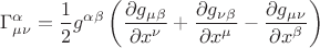 $$\Gamma^\alpha_{\mu\nu} =\frac 1 2 g^{\alpha\beta} \left(\frac{\partial g_{\mu\beta} }{\partial x^\nu}+\frac{\partial g_{\nu\beta }}{\partial x^\mu}- \frac{\partial  g_{\mu\nu}}{\partial x^\beta} \right )$$