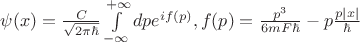 $\psi (x) = \frac{C}{\sqrt{2 \pi \hbar}} \int\limits_{-\infty}^{+\infty} dp e^{if(p)} , f(p) = \frac{p^3}{6mF\hbar} - p\frac{p|x|}{\hbar}$