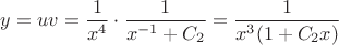$y=uv=\dfrac{1}{x^4}\cdot \dfrac{1}{x^{-1}+C_2}=\dfrac{1}{x^3(1+C_2x)}$