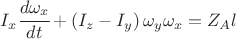 $I_x\cfrac{d\omega_x}{dt} + \left(I_z - I_y\right)\omega_y \omega_x = Z_Al$