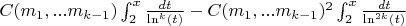$ C(m_1,...m_{k-1})\int_{2}^{x} \frac{dt}{\ln^k(t)} -C(m_1,...m_{k-1})^2\int_{2}^{x} \frac{dt}{\ln^{2k}(t)}$