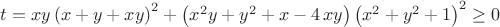 $t=xy \left( x+y+xy \right) ^{2}+ \left( {x}^{2}y+{y}^{2}+x-4\,xy
 \right)  \left( {x}^{2}+{y}^{2}+1 \right) ^{2}\geq0
$
