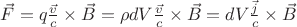 $\vec{F} =q\frac{\vec{v}}{c}\times\vec{B} = \rho dV \frac{\vec{v}}{c}\times\vec{B} = dV\frac{\vec{j}}{c}\times\vec{B}$