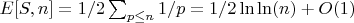 $E[S,n]=1/2\sum_{p \leq n} {1/p}=1/2 \ln\ln(n)+O(1)$