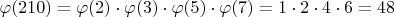 $\varphi (210)=\varphi(2)\cdot\varphi(3)\cdot\varphi(5)\cdot\varphi(7)=1\cdot 2\cdot4\cdot6=48$