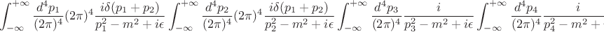$$\int_{-\infty}^{+\infty}\frac{d^4p_1}{(2\pi)^4}(2\pi)^4\frac{i\delta(p_1+p_2)}{p_1^2-m^2+i\epsilon}\int_{-\infty}^{+\infty}\frac{d^4p_2}{(2\pi)^4}(2\pi)^4\frac{i\delta(p_1+p_2)}{p_2^2-m^2+i\epsilon}\int_{-\infty}^{+\infty}\frac{d^4p_3}{(2\pi)^4}\frac{i}{p_3^2-m^2+i\epsilon}\int_{-\infty}^{+\infty}\frac{d^4p_4}{(2\pi)^4}\frac{i}{p_4^2-m^2+i\epsilon}$$ $$\int_{-\infty}^{+\infty}\frac{d^4p_1}{(2\pi)^4}(2\pi)^4\frac{i\delta(p_1+p_2)}{p_1^2-m^2+i\epsilon}\int_{-\infty}^{+\infty}\frac{d^4p_2}{(2\pi)^4}(2\pi)^4\frac{i\delta(p_1+p_2)}{p_2^2-m^2+i\epsilon}\int_{-\infty}^{+\infty}\frac{d^4p_3}{(2\pi)^4}\frac{i}{p_3^2-m^2+i\epsilon}\int_{-\infty}^{+\infty}\frac{d^4p_4}{(2\pi)^4}\frac{i}{p_4^2-m^2+i\epsilon}$$