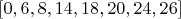 $ [0, 6, 8, 14, 18, 20, 24, 26]$