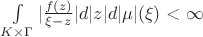 $\int\limits_{K \times \Gamma}|\frac{f(z)}{\xi-z}| d|z|d|\mu|(\xi)$ < \infty