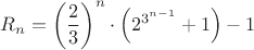 $$R_n=\left(\frac23\right)^n\cdot\left(2^{3^{n-1}}+1\right)-1$$