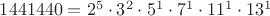 $1441440=2^5\cdot 3^2\cdot 5^1\cdot 7^1\cdot 11^1\cdot 13^1$