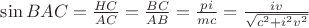 $\sin BAC =  \frac{HC}{AC} = \frac{BC}{AB} =  \frac{p i}{m c} = \frac{i v}{\sqrt{c^2 + i^2 v^2}}$
