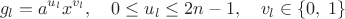 $$g_l=a^{u_l}x^{v_l},\quad 0\le u_l\le 2n-1,\quad v_l\in\{0,\;1\}$$