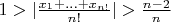 $1>|\frac{x_1+\ldots+x_{n!}}{n!}|>\frac{n-2}{n}$